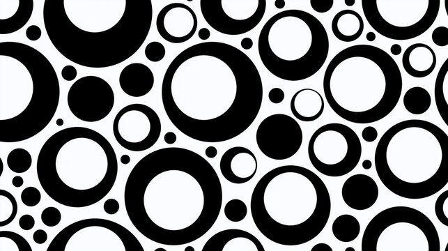 Abstract seamless geometric pattern mixing solid black circles and hollow black rings of random sizes on clean white background for modern decorative design