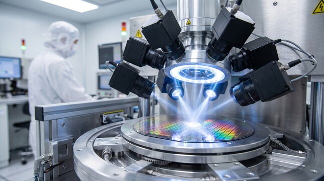 Automated semiconductor wafer inspection system utilizing high resolution optical cameras inside cleanroom facility environment with lighting sterile laboratory