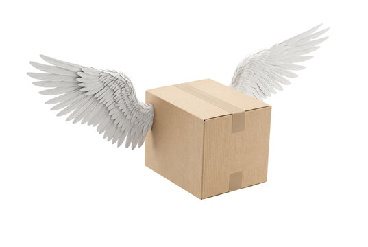 Flying cardboard delivery box with white angel wings