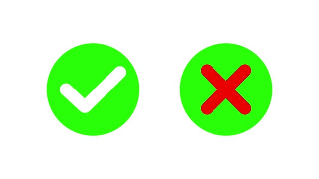 Animated pop-up green check mark and red cross X symbol on a transparent background.Green Check Mark and Red X Mark Side by Side on Black Background white..