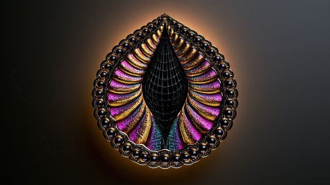 Ornate symmetrical teardrop shaped decorative abstract art piece with glittering pink and gold layers black beaded frame on dark gradient background