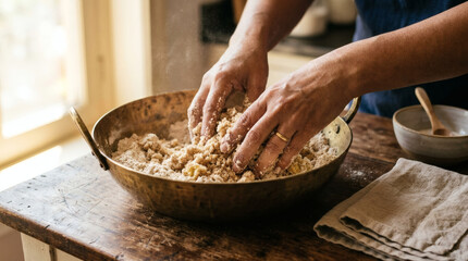 Fototapeta premium Traditional Halwa Dough Mixing in Rustic Indian Kitchen Setting