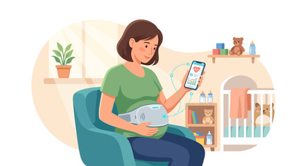 Fototapeta premium Pregnant woman tracking fetal heart rate with wearable smart monitor and mobile app flat vector illustration.