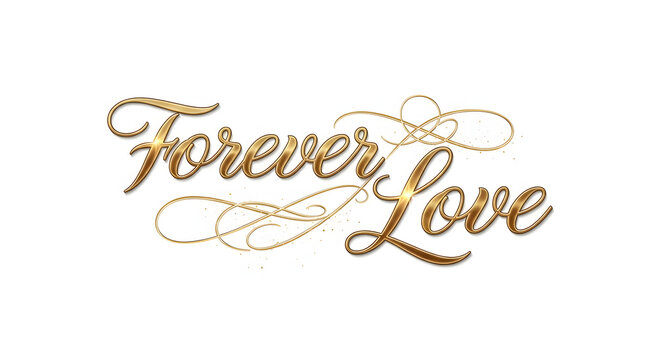 Forever Love elegant calligraphy, gold 3D text vector, shiny metal script typography, wedding design, romantic lettering, golden brush strokes, invitation graphic resource