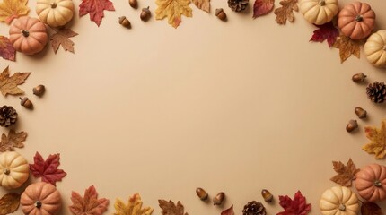 Fototapeta premium Autumn leaves scattered on beige background