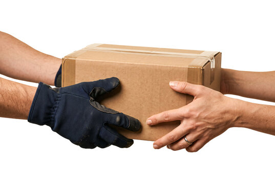 Delivery worker hands passing a cardboard parcel to customer
