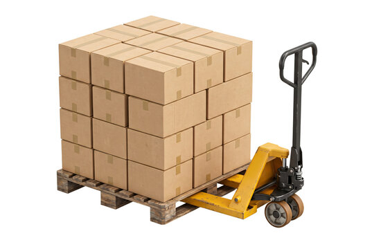 Yellow pallet jack lifting wooden pallet of cardboard boxes