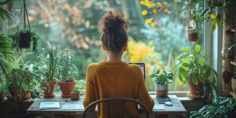 Fototapeta premium Woman working from home with a view of nature outside the open window