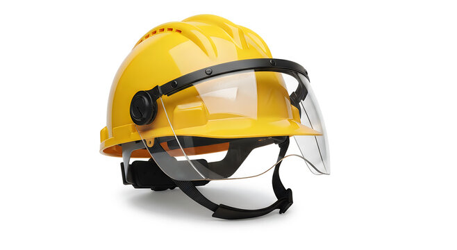 Yellow construction hard hat with face shield. Safety helmet for industrial protection.