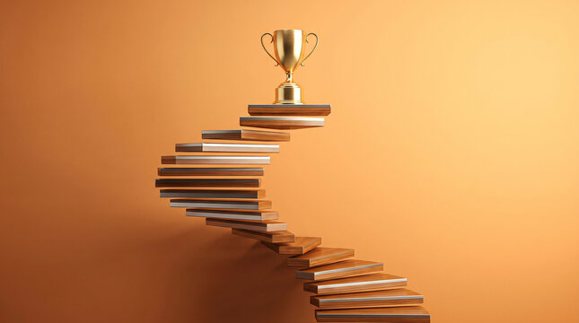 A minimalist 3D rendering of a golden trophy elegantly placed atop a winding spiral staircase against an orange wall.