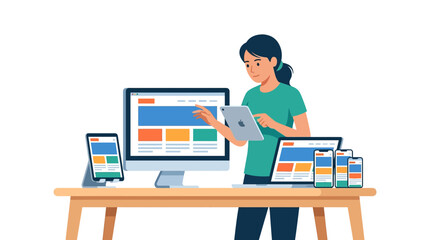 Fototapeta premium Female UI UX designer testing responsive web interface on computer monitors and mobile devices flat vector element