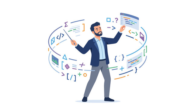 Expert lead programmer orchestrating digital code and data symbols in modern workspace flat vector illustration