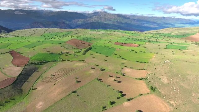 Aerial Turkey farmland patchwork fields hills cultivated plains rural terrain detail.
