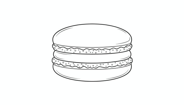 Detailed line art drawing of a classic sweet french macaron cookie filled with cream, isolated on a clean white background.