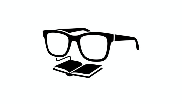 Stylized black silhouette icon of classic eyeglasses sitting on top of an open book isolated on a white background.