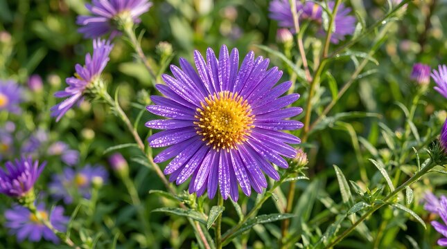 Bright purple aster flower in the garden.