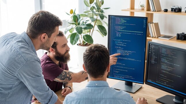 Three professional software engineers collaborating together while reviewing complex programming code on large computer monitors with software developers working