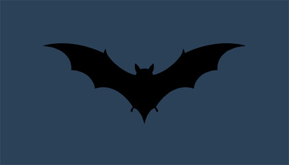 Fototapeta premium Black silhouette of a flying bat with wide wingspans, centered on a solid dark blue-gray background.