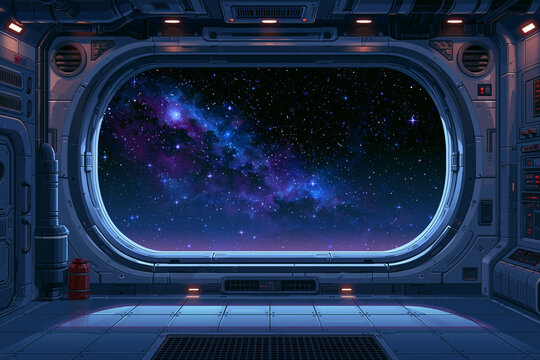 Retro Pixel Art Spaceship Window View of Deep Space Nebula