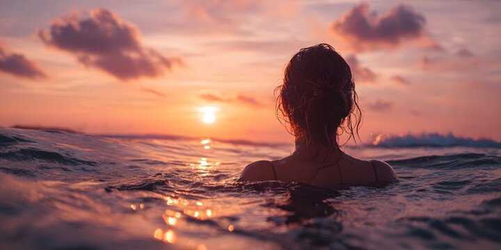 A woman with wet hair looks out at the sun setting over the ocean