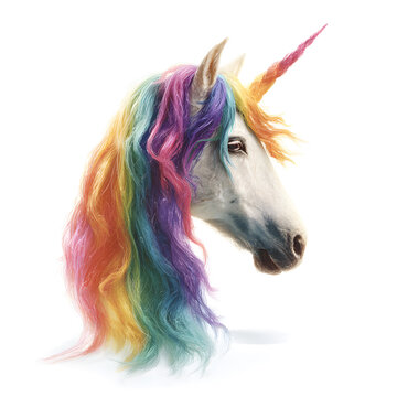 Magical white unicorn head portrait with vibrant rainbow mane and horn isolated on white background