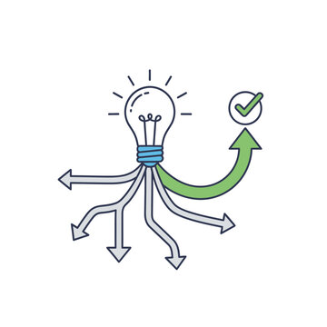 Creative idea transformation into successful implementation process illustration with depicts stylized human figure glowing lightbulb head generating multiple directional arrows