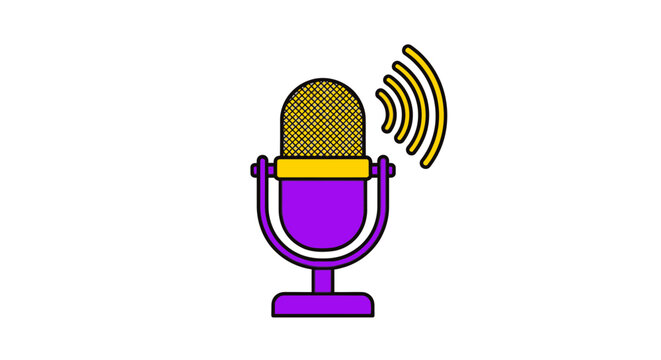 Purple and yellow microphone icon with sound waves for podcasting, radio, and audio broadcasting.
