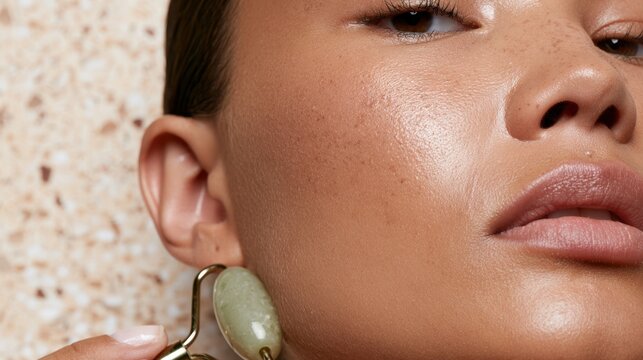 Close up of a person s face with smooth skin and an ear adorned by a jade like earring