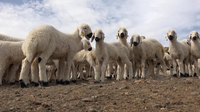 Baby lambs stand in a dusty pen with white wool and black noses.