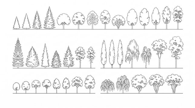 Set of various tree outlines for architectural design and landscape planning