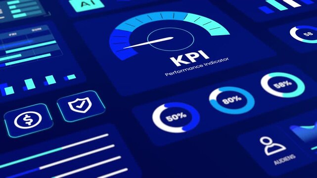 Futuristic blue interface panel tracking key performance indicators and growth metrics.