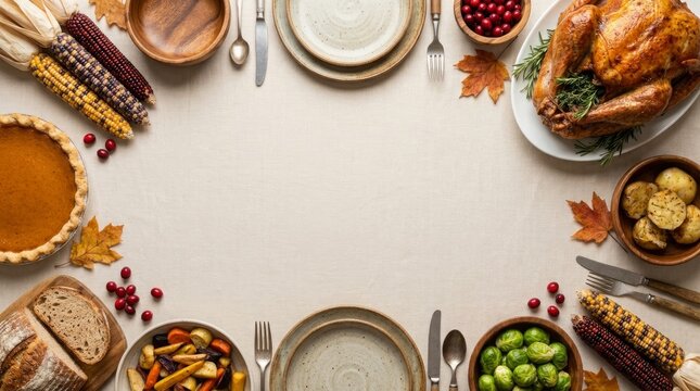 Colorful autumn harvest feast with seasonal dishes and table setting