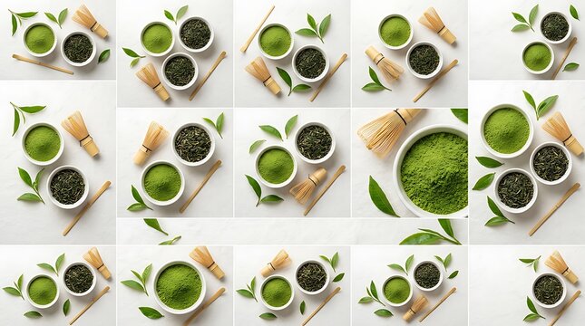 A collection of high angle flat lay compositions featuring vibrant green matcha tea powder bowls, bamboo whisks, and fresh leaves