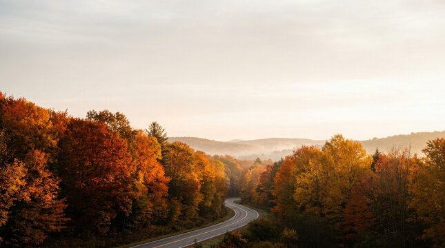 Autumn landscape with winding road through colorful forest