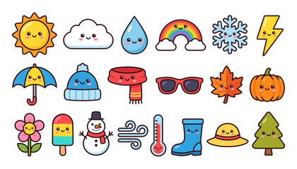 Fototapeta premium Set of cute kawaii weather and seasonal icons with happy faces for kids education and creative design