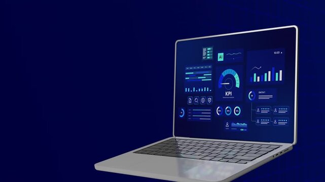 Side view of laptop computer displaying futuristic blue KPI performance dashboard and data charts.