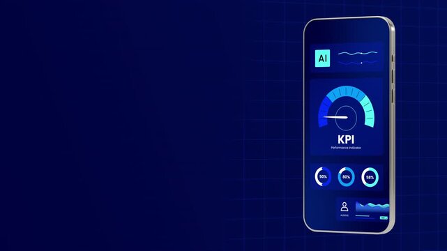 Mobile phone interface displaying blue KPI speed meter and performance metrics on dark grid.