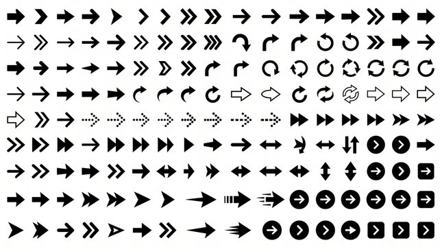 A professional black arrow and navigation symbol icon set featuring a large collection of diverse directional arrows arranged in multiple horizontal rows. The set includes bold right-pointing arrows, 