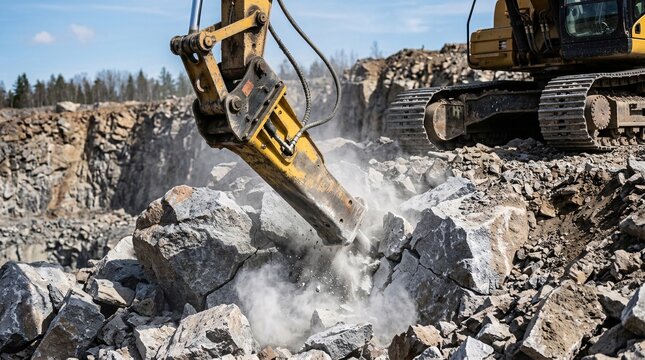 Heavy yellow excavator machine with a hydraulic breaker attachment smashing large rocks in quarry.