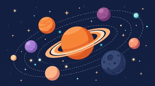 A clean and modern flat vector illustration of outer space featuring a stylized collection of colorful planets floating against a deep navy blue starry background. The composition includes a large ora
