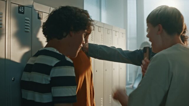 Two Brave Teenage Girls Step in, Confront Aggressive Boys, and Stand Up to Defend Helpless Male Classmate Near Lockers. Concept of Student Solidarity, Bravery, and Fight Against School Violence.