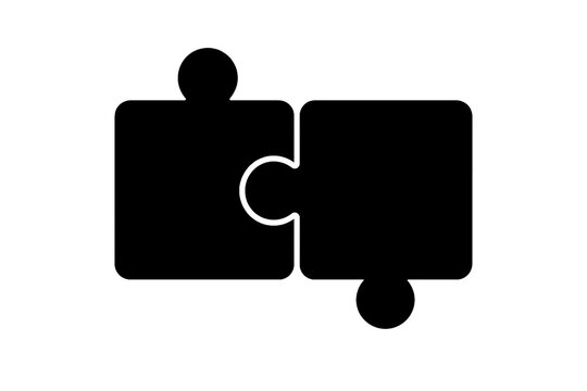 Two jigsaw puzzle pieces connecting together black silhouette minimalist icon for compatibility and teamwork business concept