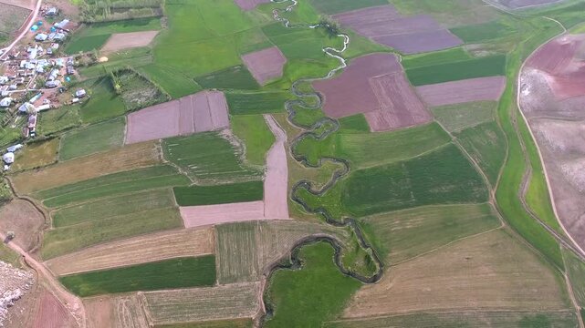 Meandering river winds through patchwork farmland, shaping green and brown floodplain fields.