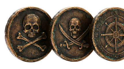 Obraz premium Three antique pirate coins with skull and crossbones and nautical compass symbols