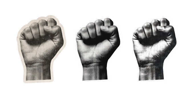 Raised fist icons with halftone texture for protest, resistance, and social justice design.