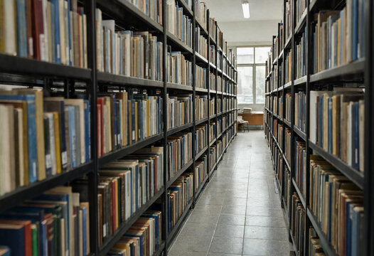 Symmetrical perspective of bright library aisle with white ceiling and rows of textbooks