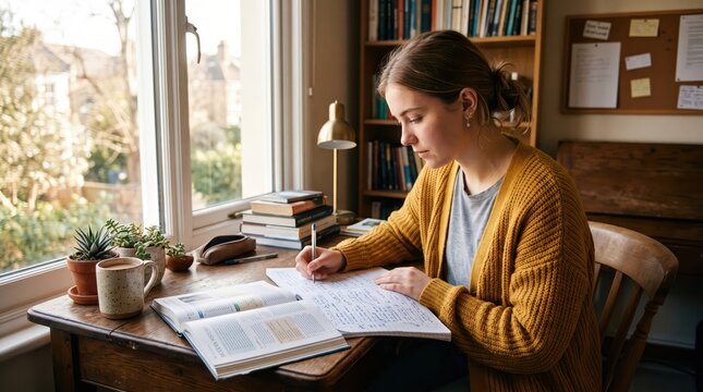Young woman studying at wooden desk by bright window with books, notebook and plants, focused note taking and home study environment during morning light.