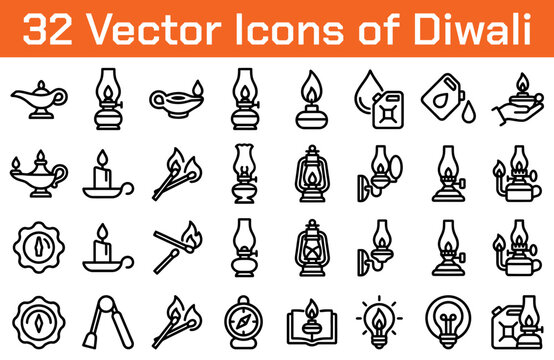 32 traditional diwali celebration vector icons set