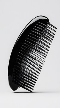 A sleek, black comb with smooth curved handle and fine teeth, against a grey backdrop
