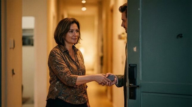 Mid 40s woman handing smartphone to partner while walking out of home interior